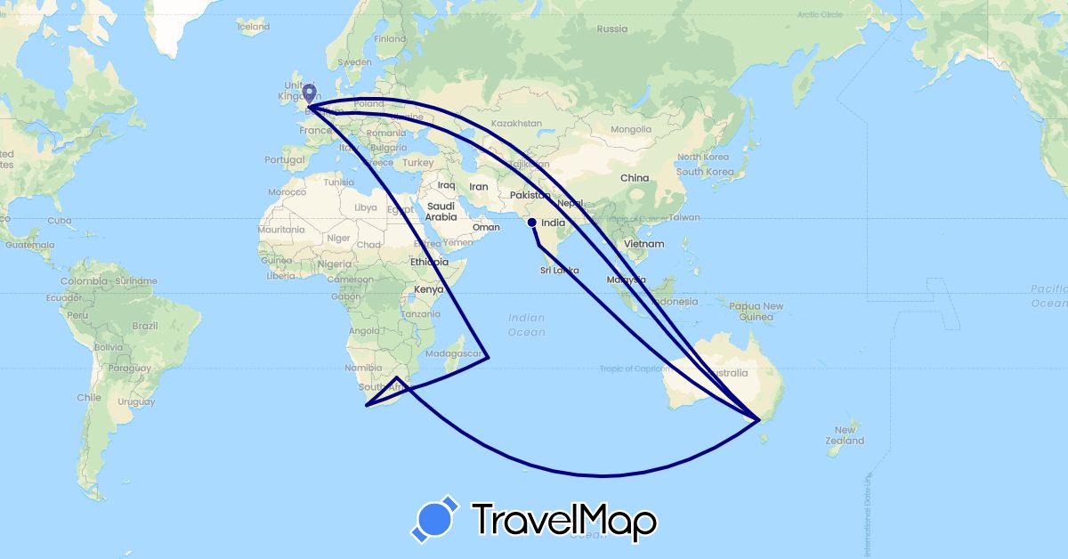TravelMap itinerary: driving in Australia, Germany, United Kingdom, India, Mauritius, South Africa (Africa, Asia, Europe, Oceania)